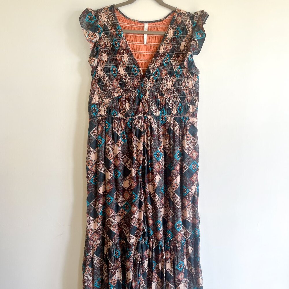 Anthropologie Smocked Ruffle Peregrine Midi Dress Turquoise Patch XL - Picture 3 of 14